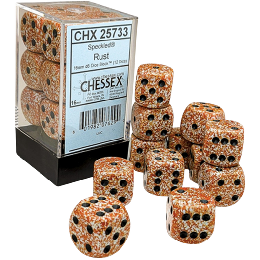Chessex 12D6 Speckled Rust six-sided dice with black pips for tabletop games and RPGs