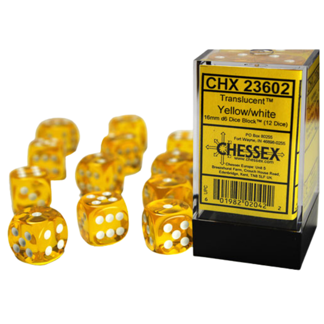 Chessex - 12D6 - Translucent - Yellow/White Pips