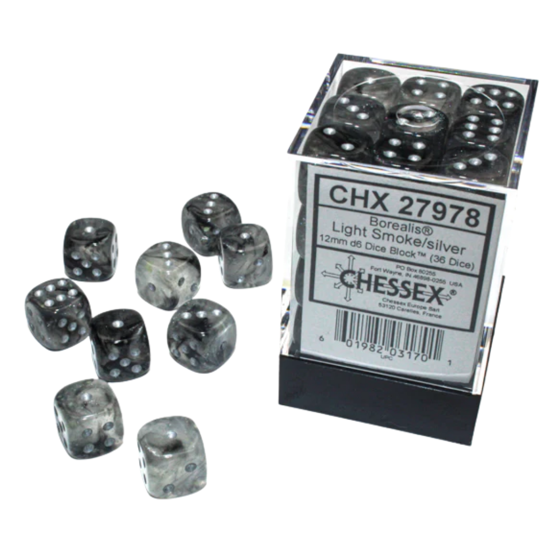 Chessex - 36D6 - Borealis - Light Smoke/Silver Pips