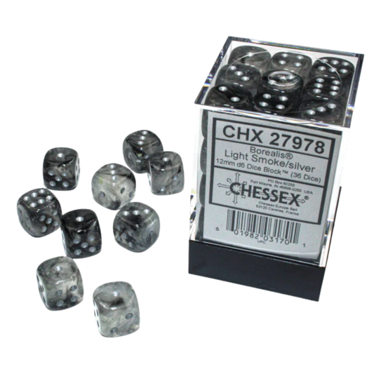 Chessex - 36D6 - Borealis - Light Smoke/Silver Pips