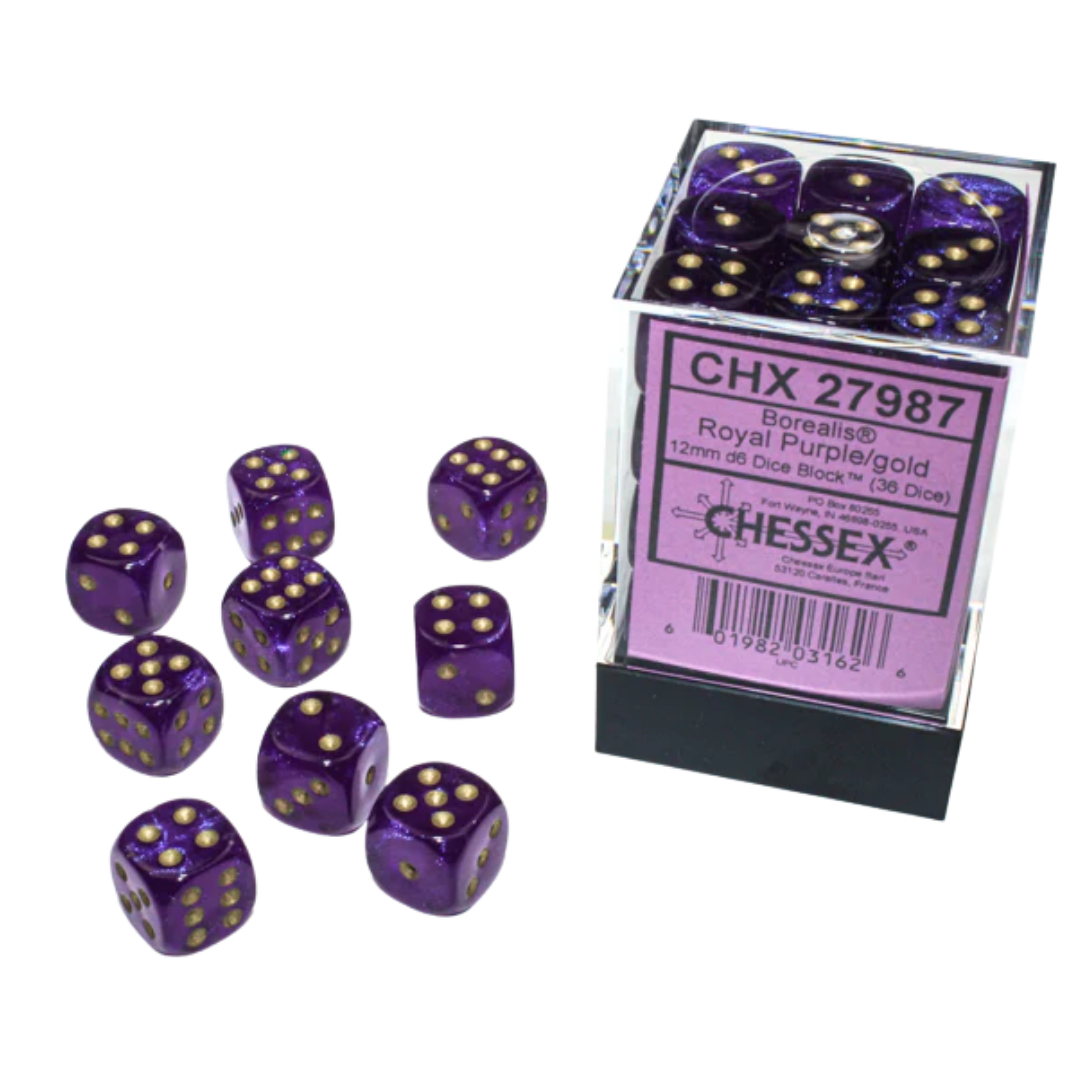 Chessex - 36D6 - Borealis - Royal Purple/Gold Pips