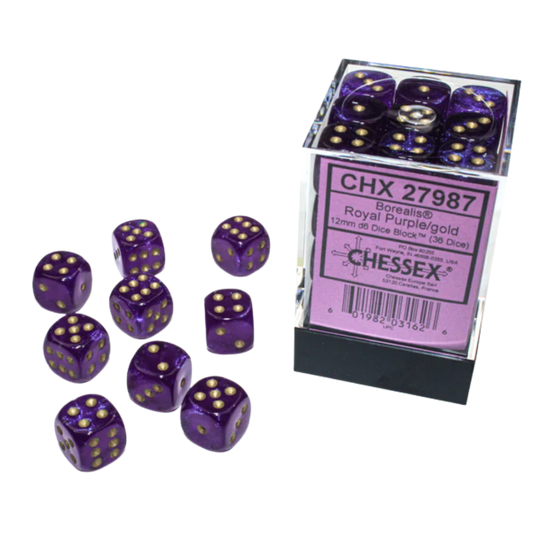 Chessex - 36D6 - Borealis - Royal Purple/Gold Pips