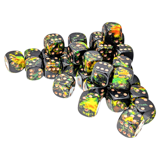 Chessex 36D6 Brush Deep Forest dice set with gold pips for tabletop RPG and wargaming rolls