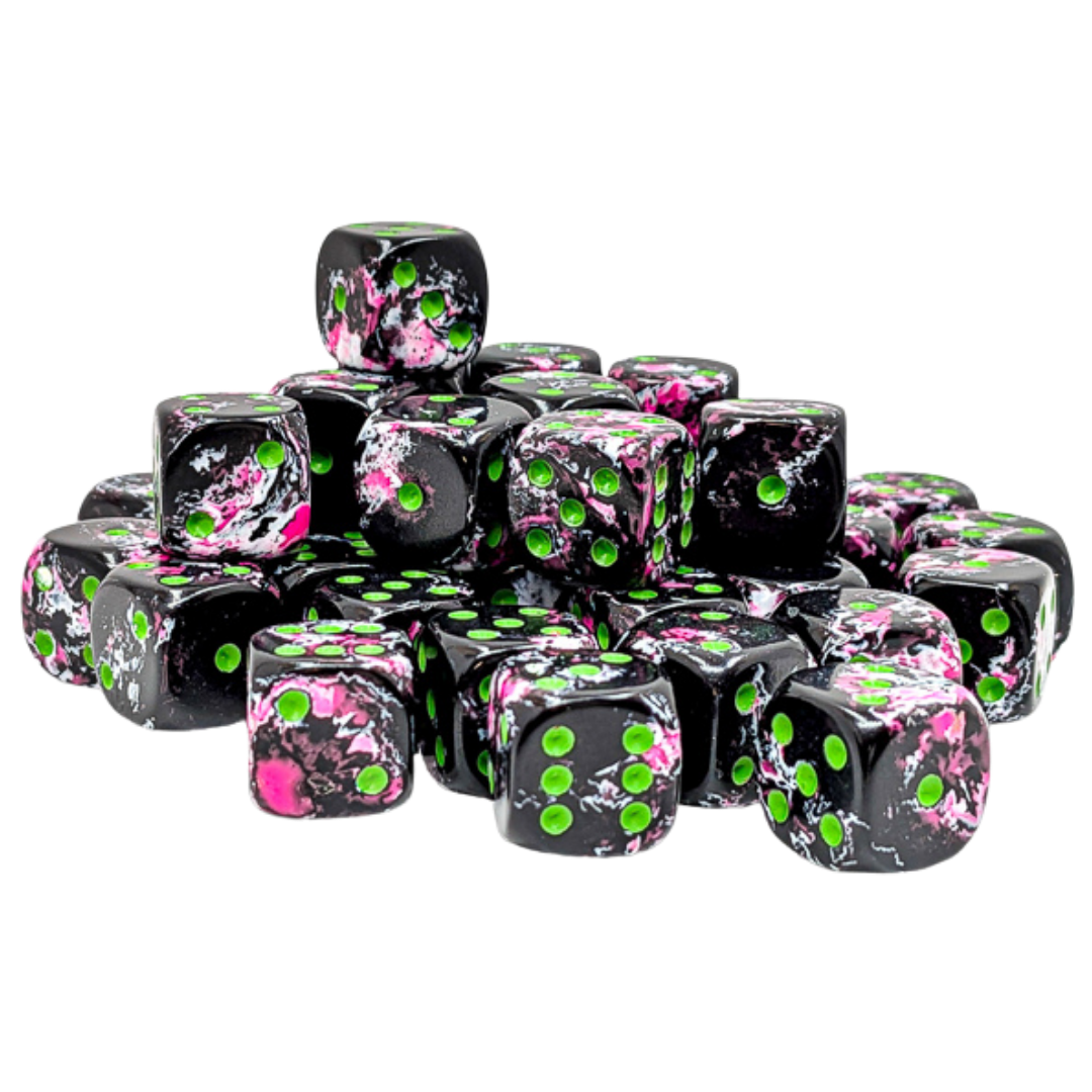 Chessex 36D6 Brush Paintball dice set with green pips for tabletop RPG and wargaming rolls