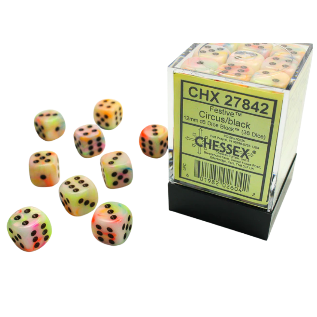 Chessex - 36D6 - Festive - Circus/Black Pips