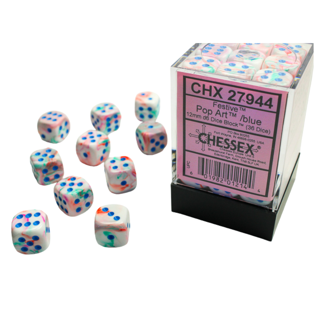 Chessex Festive 36D6 Dice Block – Pop-Art design with blue pips, featuring thirty-six colorful 12mm six-sided dice.