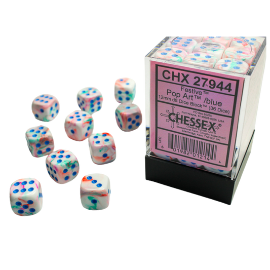 Chessex Festive 36D6 Dice Block – Pop-Art design with blue pips, featuring thirty-six colorful 12mm six-sided dice.