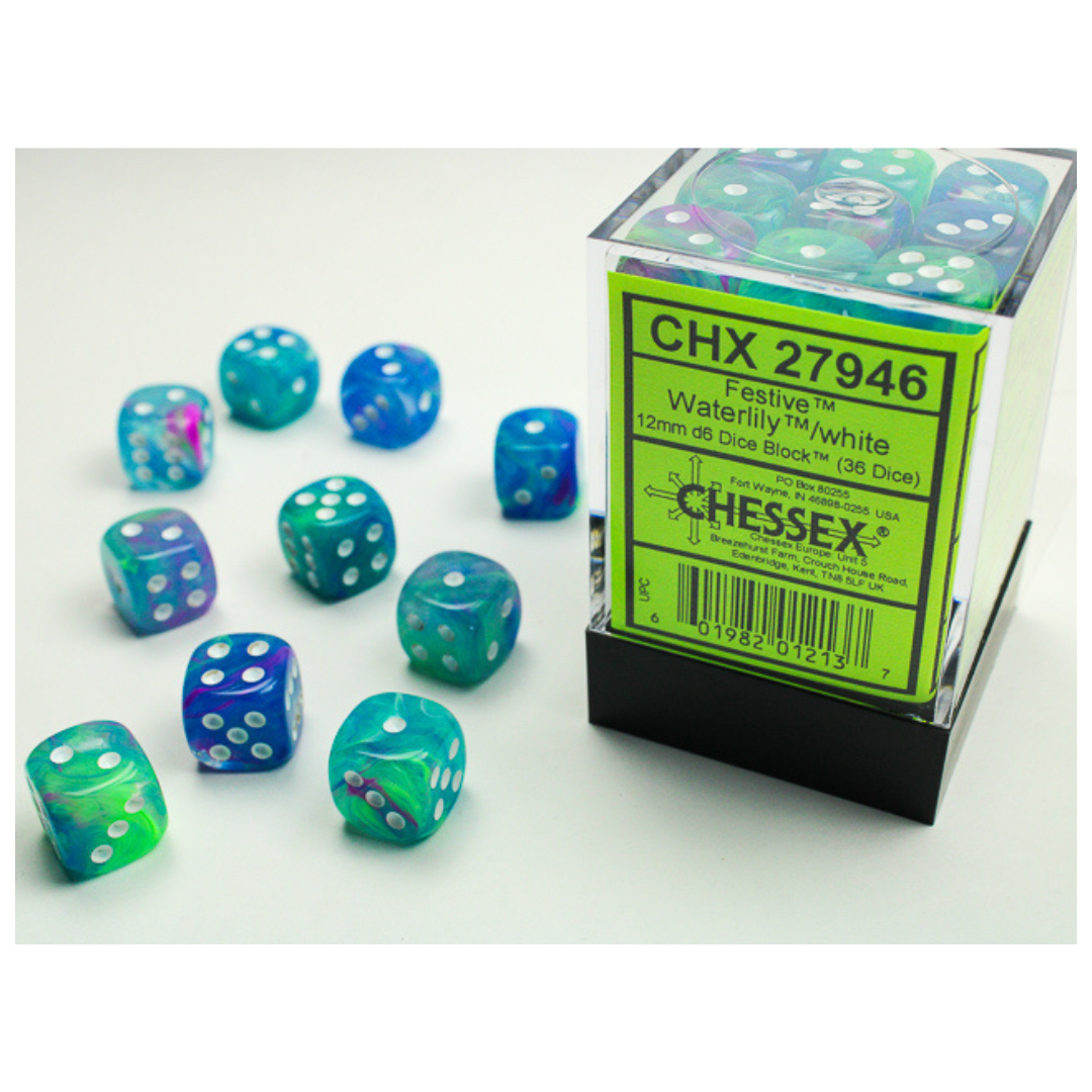Chessex 36D6 Festive Waterlily/White Pips dice set, high-quality six-sided dice with vibrant Waterlily design and white pips for tabletop and RPG games.







