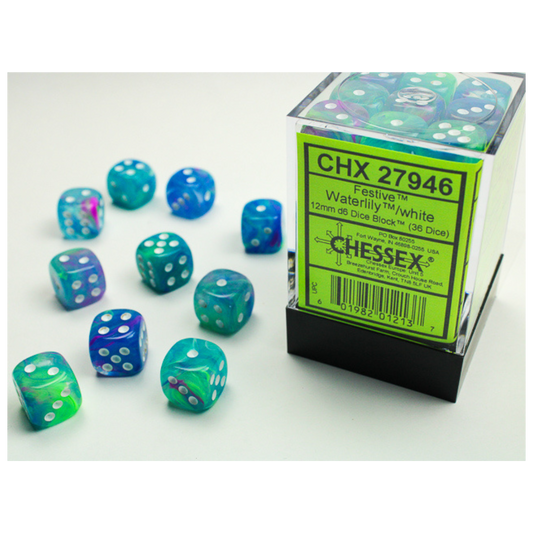 Chessex 36D6 Festive Waterlily/White Pips dice set, high-quality six-sided dice with vibrant Waterlily design and white pips for tabletop and RPG games.







