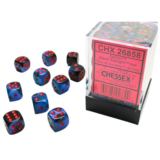 Chessex - 36D6 - Gemini - Black-Starlight/Red Pips