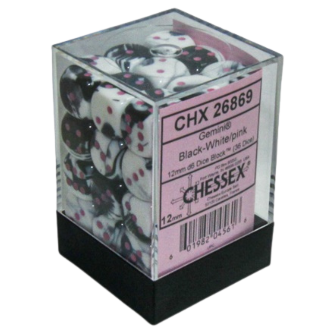 Chessex 36D6 Gemini Black-White/Pink Pips dice set, durable six-sided dice with black-white design and pink pips for tabletop RPGs and collectors.