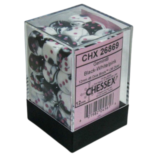 Chessex 36D6 Gemini Black-White/Pink Pips dice set, durable six-sided dice with black-white design and pink pips for tabletop RPGs and collectors.