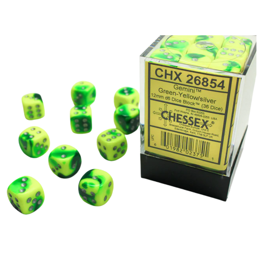 Chessex - 36D6 - Gemini - Green-Yellow/Silver Pips