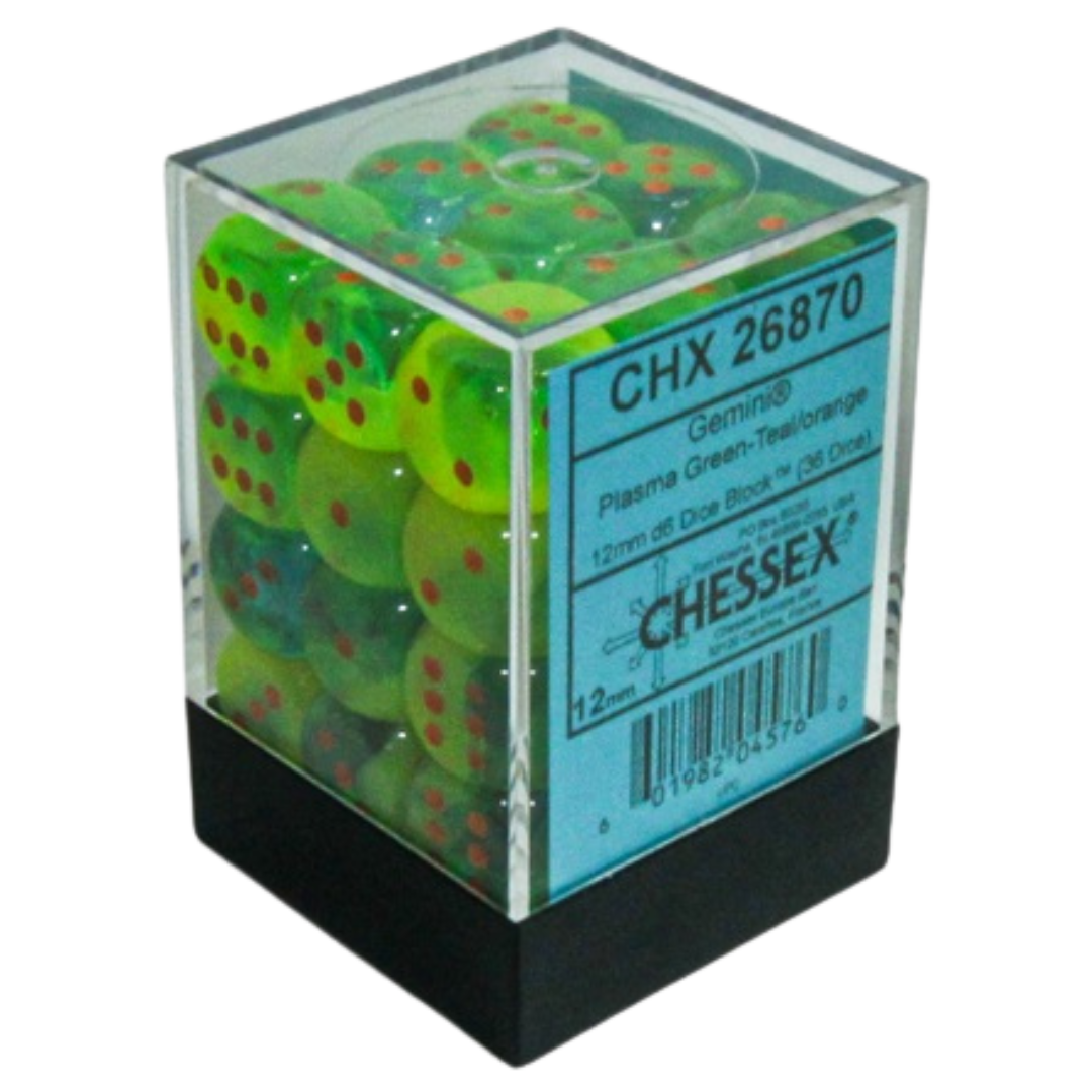Chessex 36D6 Gemini Plasma Green-Teal/Orange Pips dice set, high-quality six-sided dice with dynamic color design and orange pips for RPG and tabletop games.







