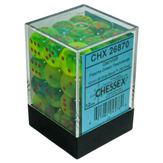 Chessex 36D6 Gemini Plasma Green-Teal/Orange Pips dice set, high-quality six-sided dice with dynamic color design and orange pips for RPG and tabletop games.







