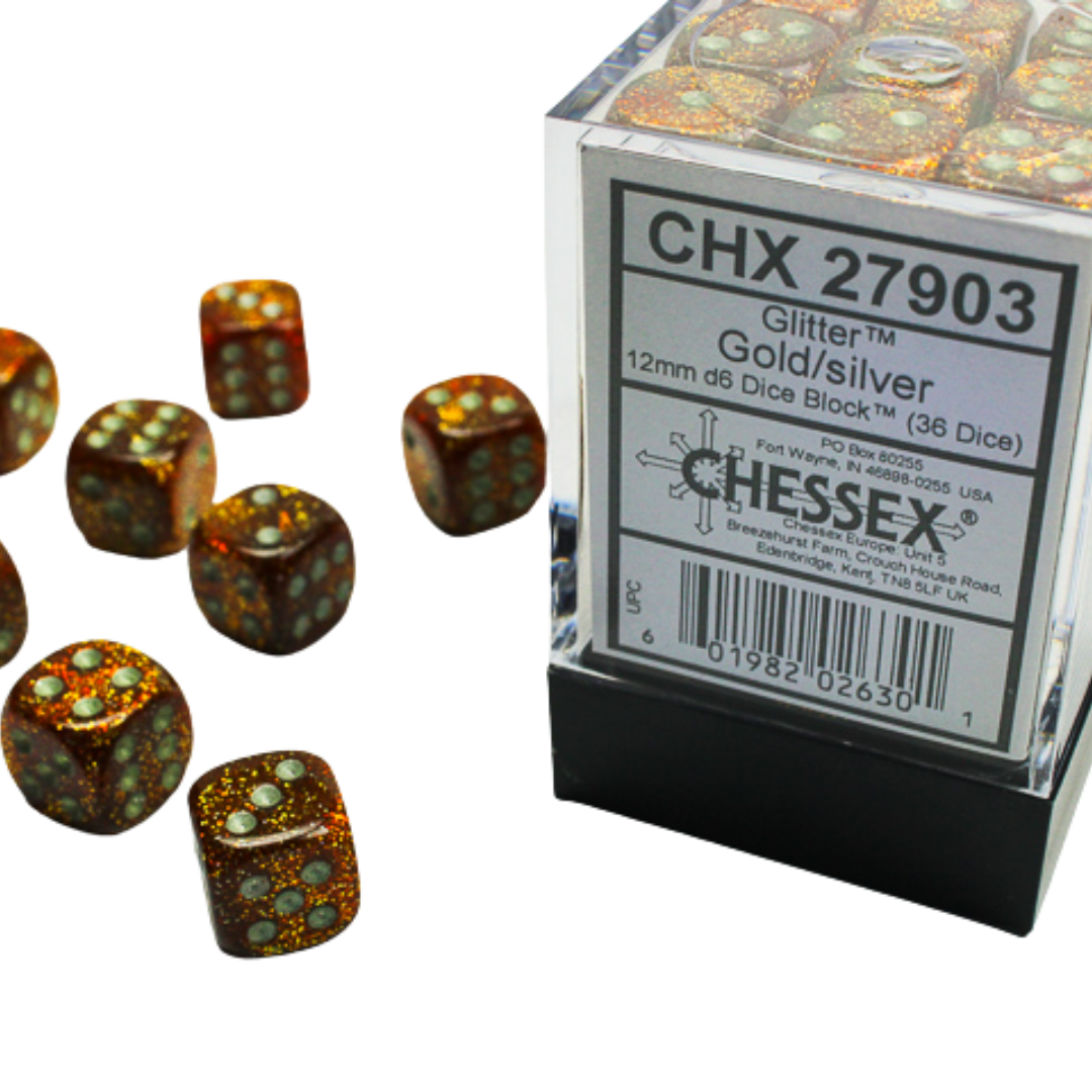 Chessex Glitter Gold/Silver 36D6 dice set featuring a shimmering gold finish with silver pips, perfect for RPGs, wargaming, and board games.