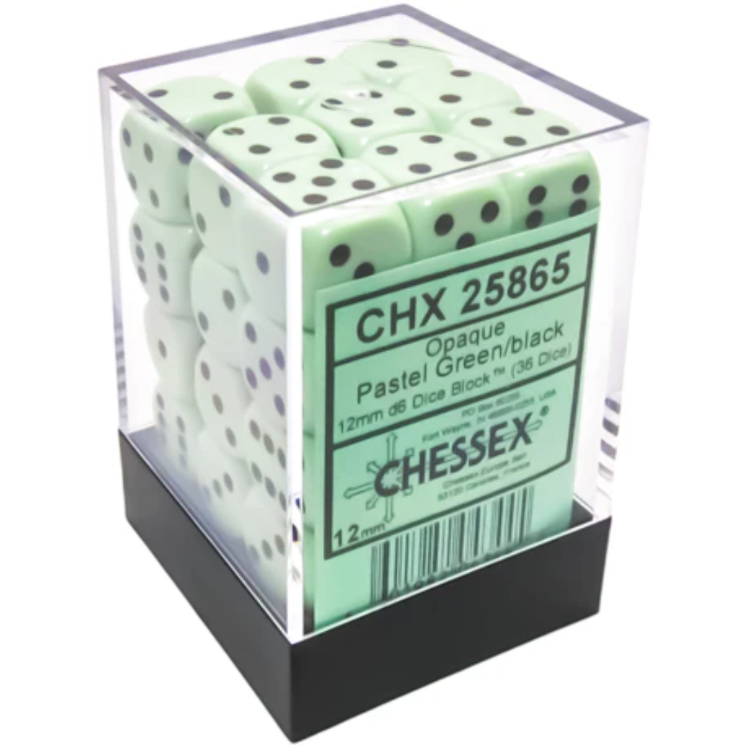 Chessex 36D6 Opaque Pastel Green dice set with black pips – premium gaming dice for Warhammer, RPGs, and tabletop strategy games.