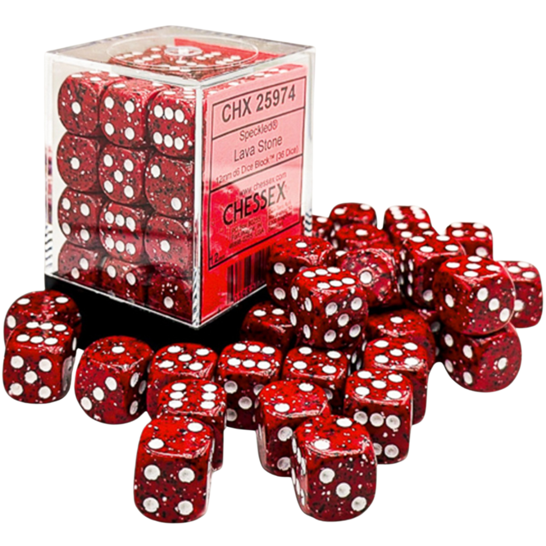 Chessex 36D6 Speckled Lava Stone six-sided dice with white pips for tabletop RPGs, board games, and wargaming