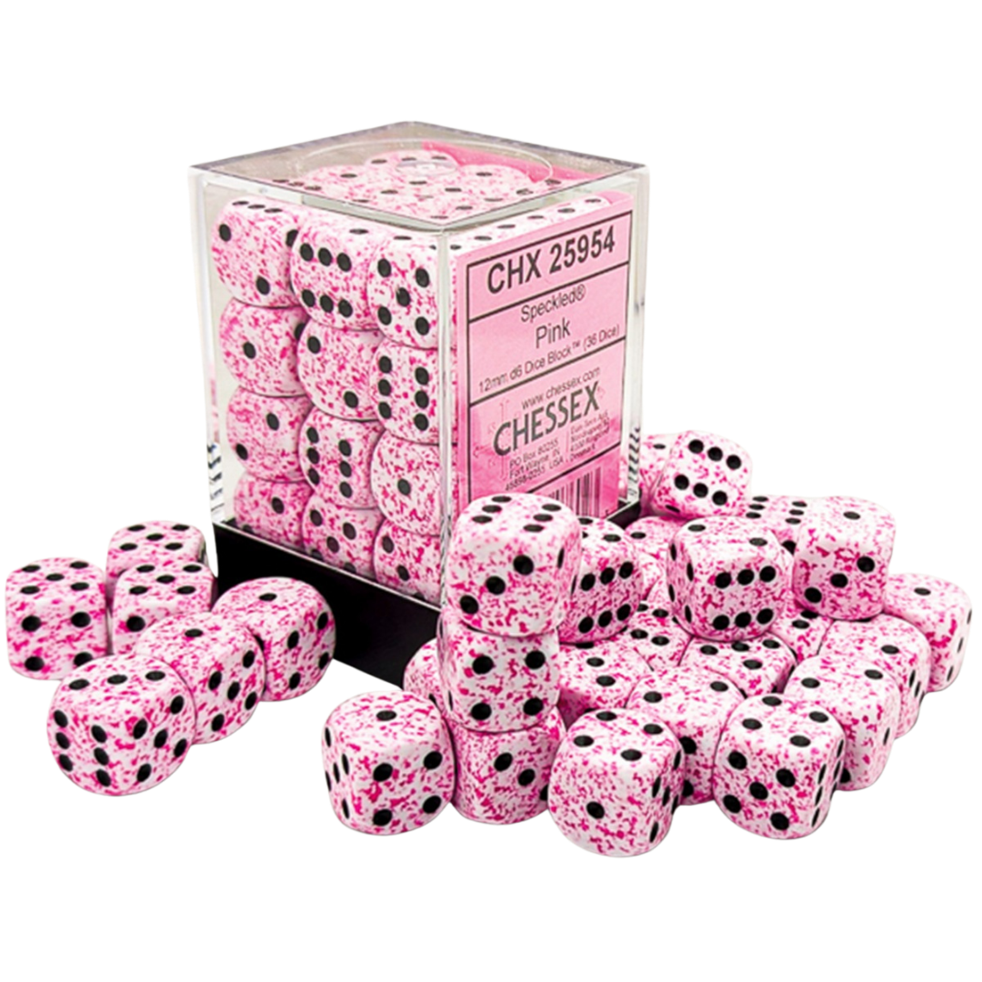 Chessex 36D6 Speckled Pink six-sided dice with black pips for tabletop RPGs, board games, and wargaming