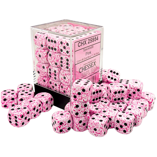 Chessex 36D6 Speckled Pink six-sided dice with black pips for tabletop RPGs, board games, and wargaming