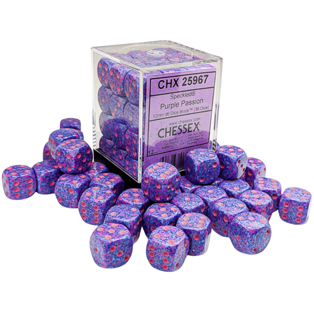 Chessex 36D6 Speckled Purple Passion six-sided dice with pink pips for tabletop RPGs, board games, and wargaming