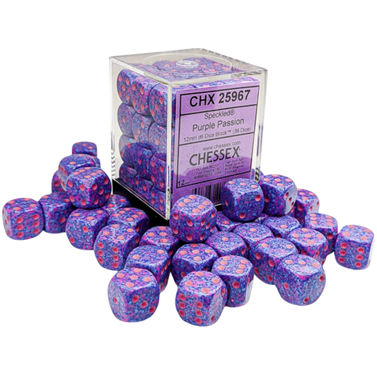 Chessex 36D6 Speckled Purple Passion six-sided dice with pink pips for tabletop RPGs, board games, and wargaming