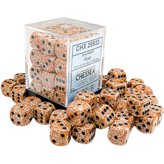 Chessex 36D6 Speckled Rust six-sided dice with black pips for tabletop games, RPGs, and wargaming