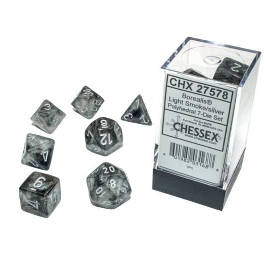 Chessex - 7PC - Borealis - Light Smoke/Silver Numbers