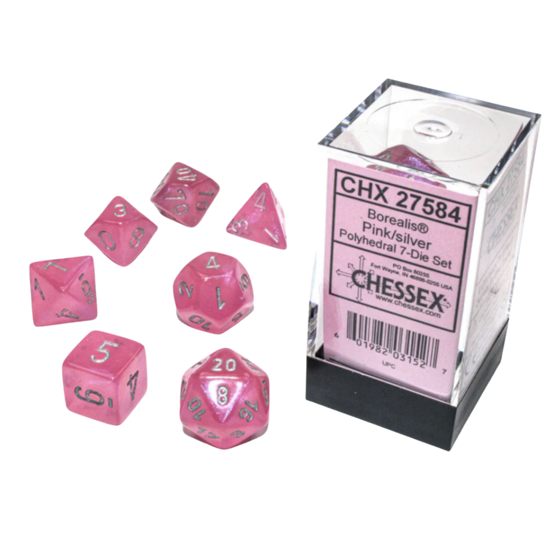 Chessex - 7PC - Borealis - Pink/Silver Numbers