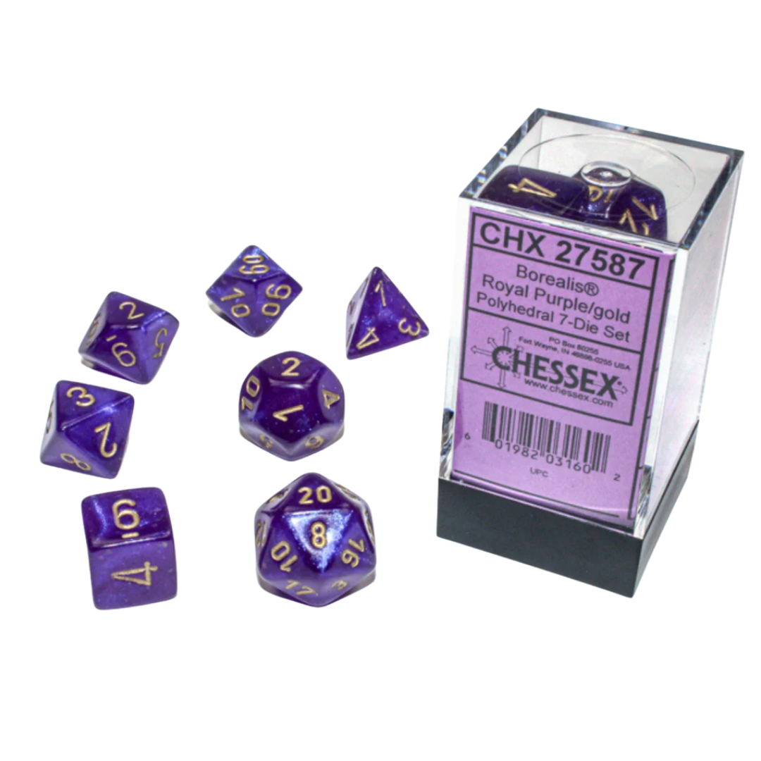 Chessex - 7PC - Borealis - Royal Purple/Gold Numbers