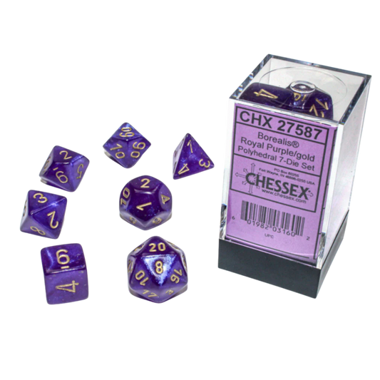 Chessex - 7PC - Borealis - Royal Purple/Gold Numbers