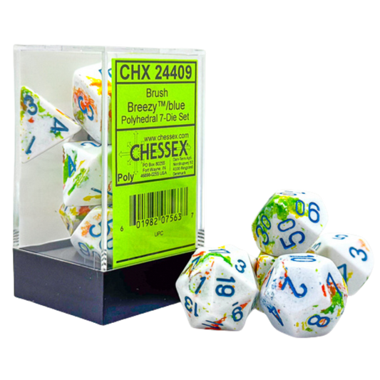 Chessex 7PC Brush Breezy polyhedral dice set with blue pips for tabletop RPG gameplay