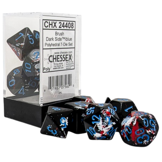 Chessex 7PC Brush Dark Side polyhedral dice set with blue numbers for tabletop RPG gameplay