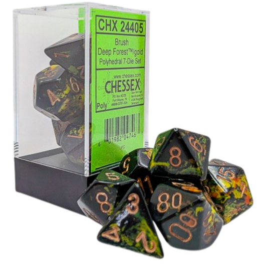Chessex 7PC Brush Deep Forest polyhedral dice set with gold pips for tabletop RPG gameplay