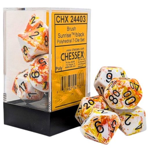 Chessex 7PC Brush Sunrise polyhedral dice set with black numbers for tabletop RPG gameplay