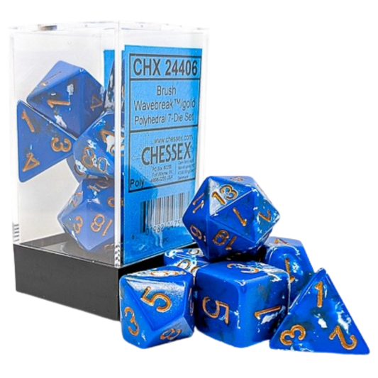 Chessex 7PC Brush Wavebreak polyhedral dice set with gold numbers for tabletop RPG gameplay