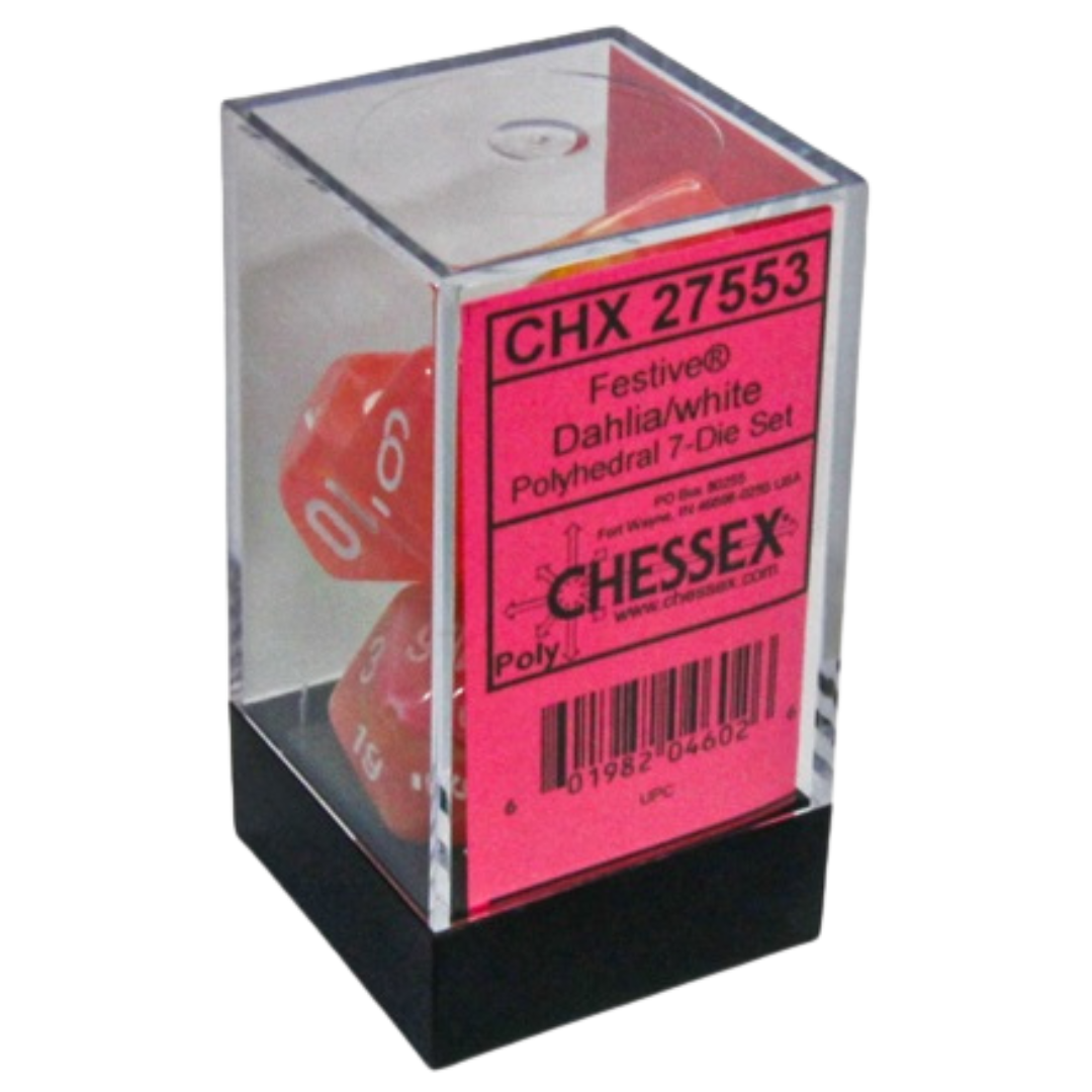 Chessex 7PC Festive Dahlia/White Pips dice set, vibrant polyhedral dice with Dahlia design and white pips for tabletop RPGs and collectors.







