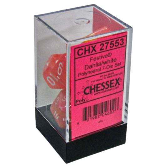 Chessex 7PC Festive Dahlia/White Pips dice set, vibrant polyhedral dice with Dahlia design and white pips for tabletop RPGs and collectors.







