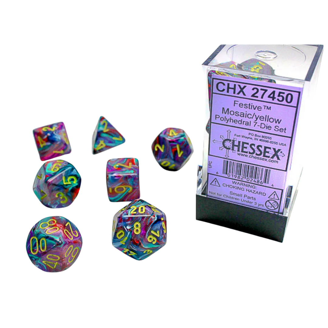 Chessex - 7PC - Festive - Mosaic/Yellow Numbers