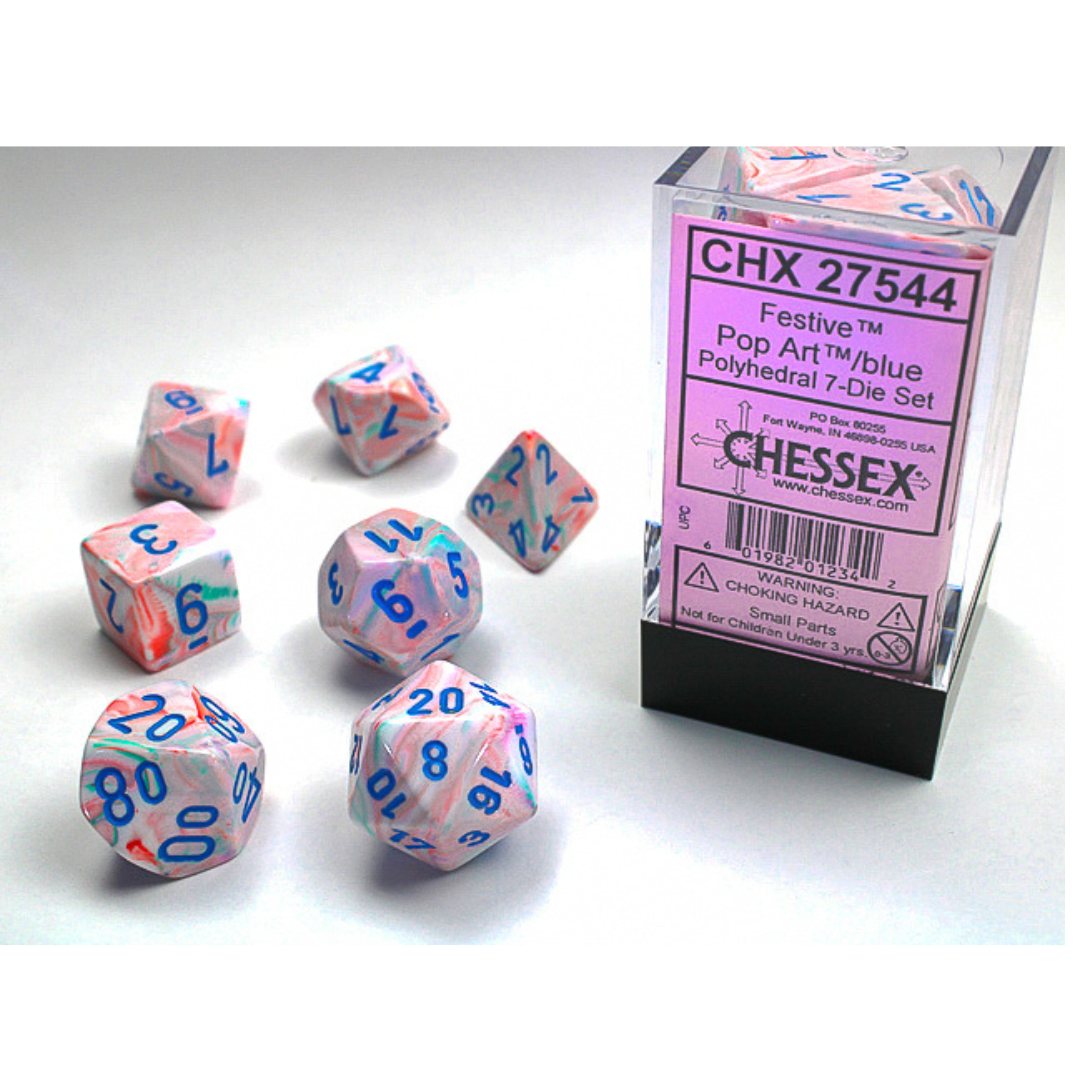 Chessex 7-Piece Festive Pop-Art Dice Set – Colorful polyhedral dice with blue pips for tabletop RPGs