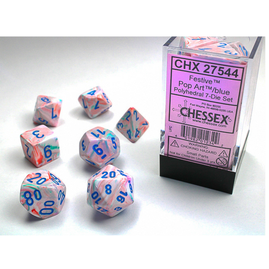 Chessex 7-Piece Festive Pop-Art Dice Set – Colorful polyhedral dice with blue pips for tabletop RPGs