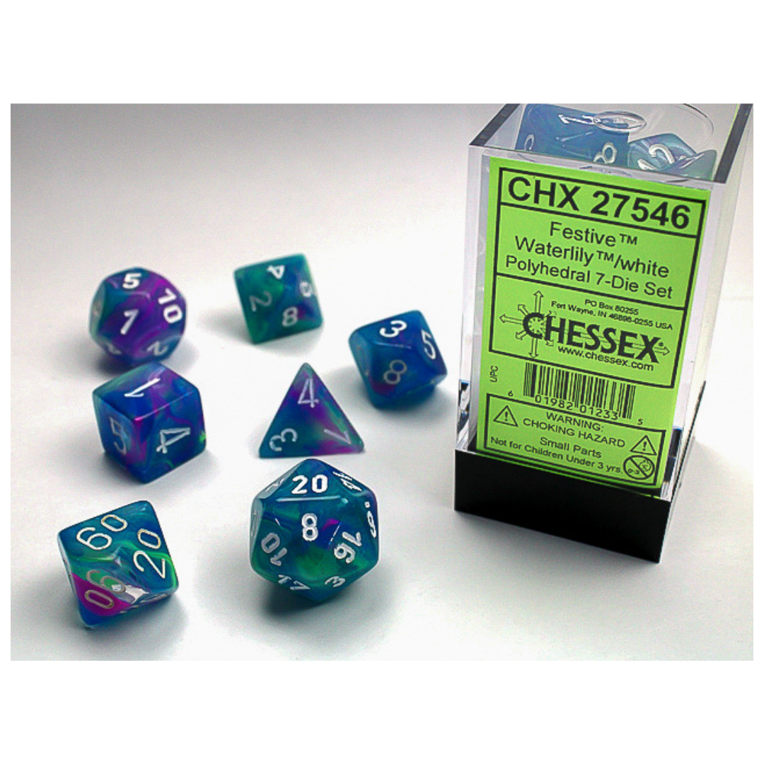 Chessex 7PC Festive Waterlily/White Pips Dice set, vibrant polyhedral dice with Waterlily design and white pips for RPG players and collectors.







