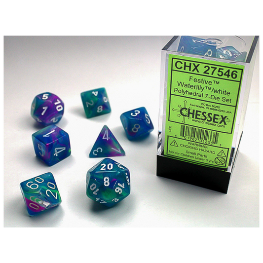 Chessex 7PC Festive Waterlily/White Pips Dice set, vibrant polyhedral dice with Waterlily design and white pips for RPG players and collectors.







