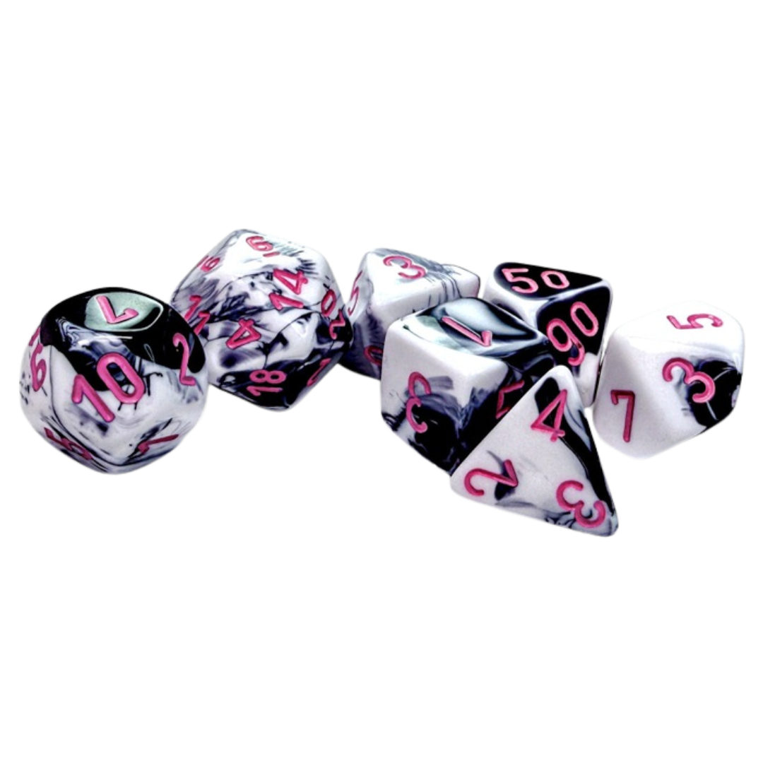 Chessex 7PC Gemini Black-White/Pink Pips dice set, premium polyhedral dice with black-and-white design and pink pips for RPG and tabletop games.

