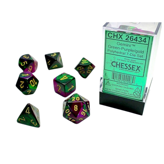 Chessex - 7PC - Gemini - Green-Purple/Gold Numbers