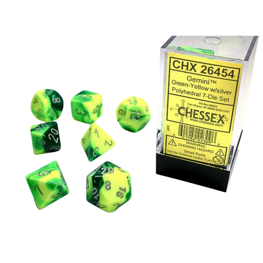 Chessex - 7PC - Gemini - Green-Yellow/Silver Numbers