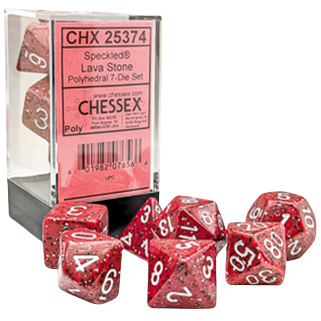 Chessex 7PC Speckled Lava Stone polyhedral dice set with white pips for tabletop RPGs and board games