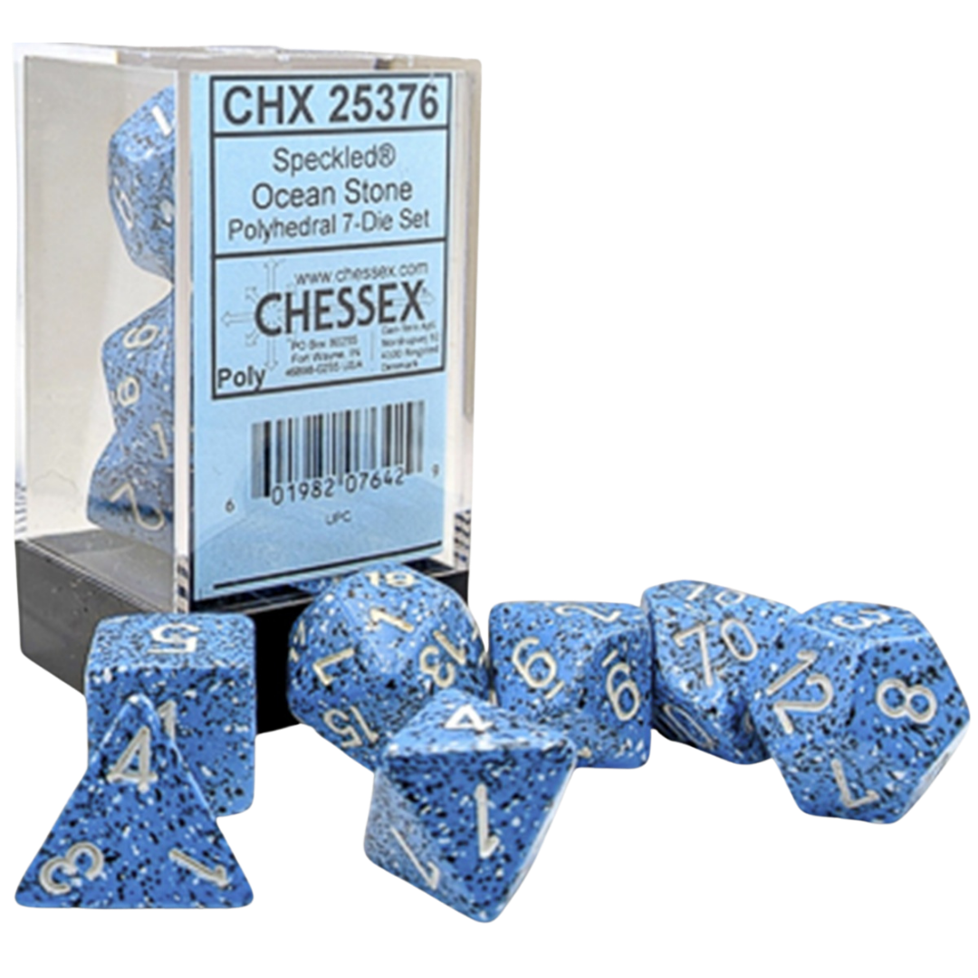 Chessex 7PC Speckled Ocean Stone polyhedral dice set with white pips for tabletop RPGs and board games