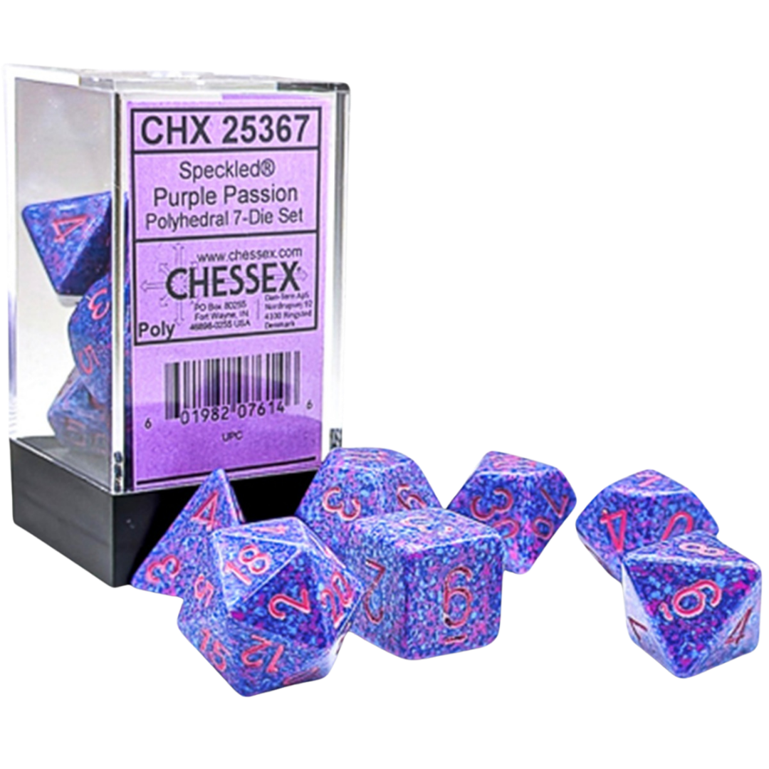 Chessex 7PC Speckled Purple Passion polyhedral dice set with pink pips for tabletop RPGs and board games
