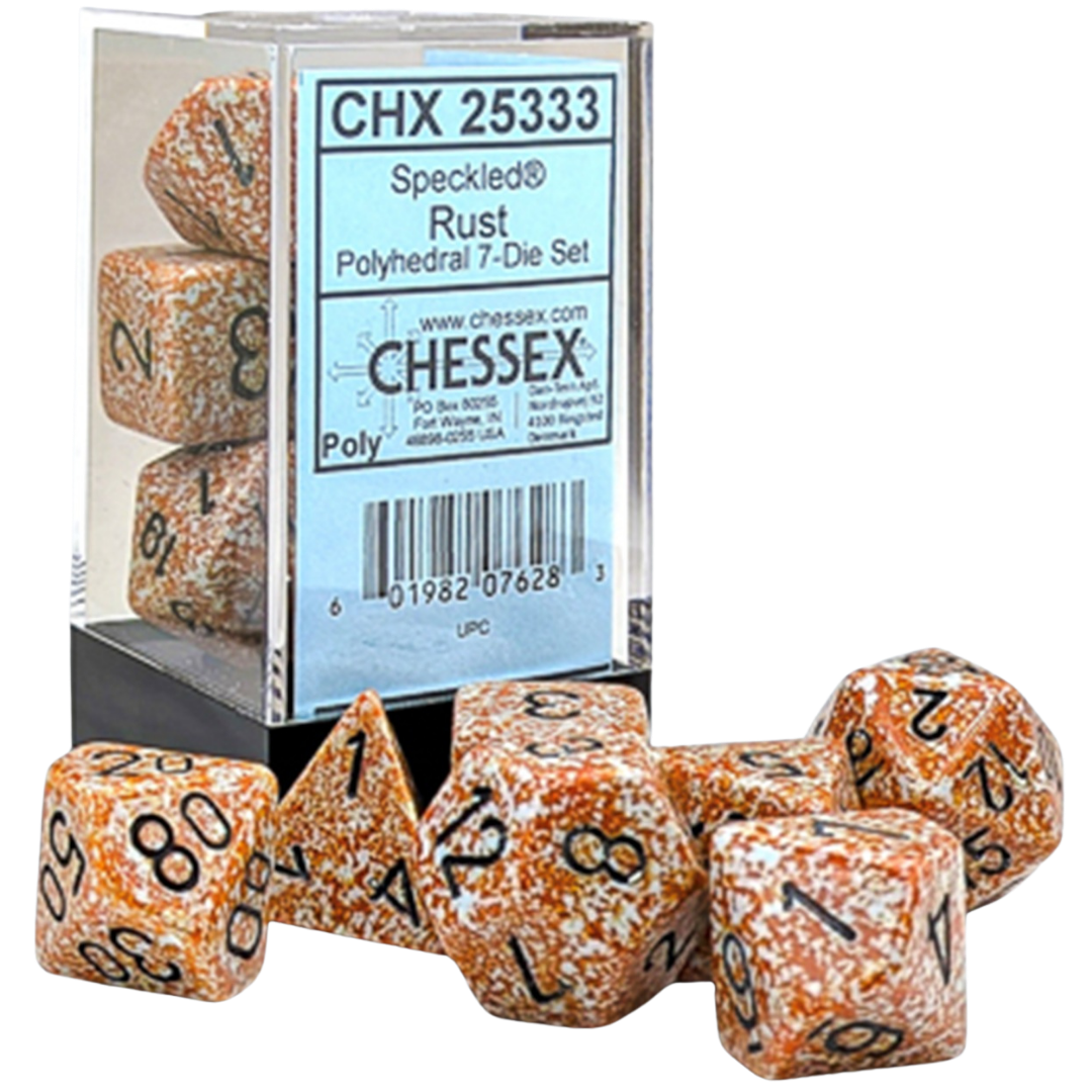 Chessex 7PC Speckled Rust polyhedral dice set with black pips for tabletop RPGs